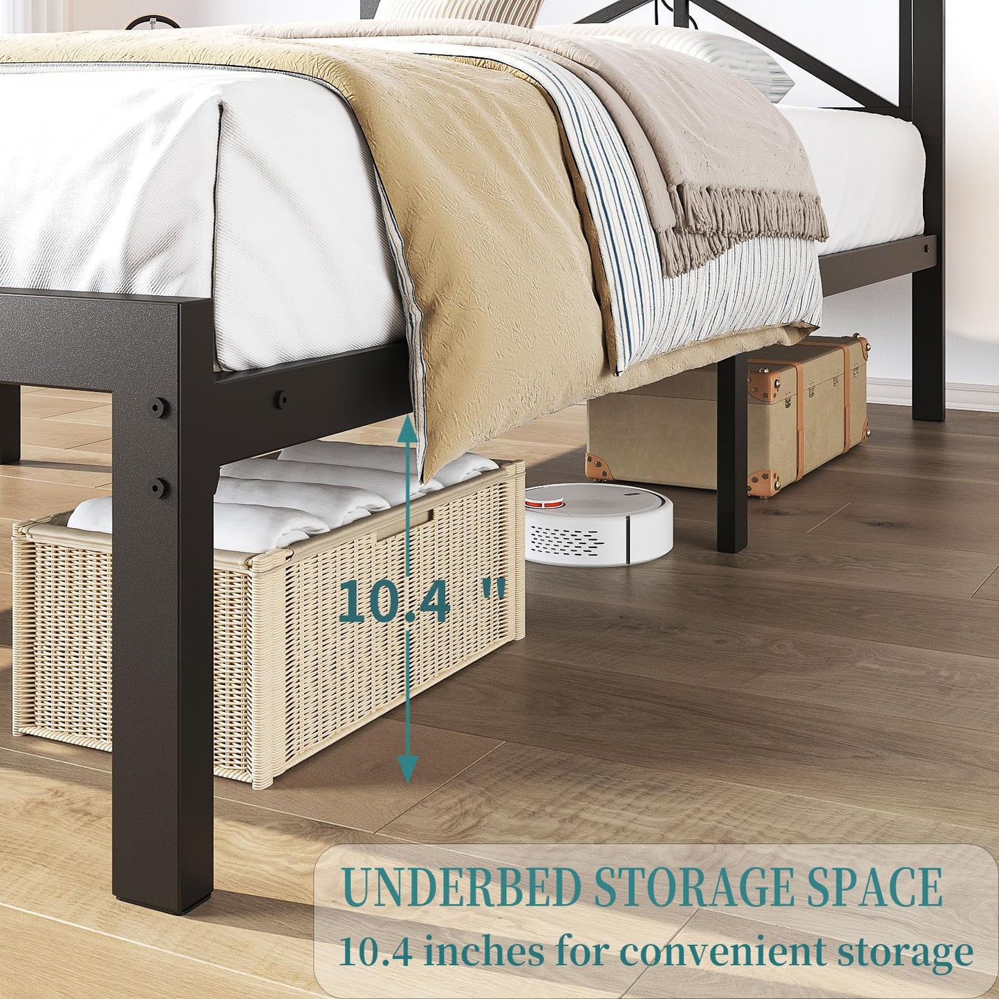 ChicZhiNest Queen Size Black Metal Bed Frame with USB Charging Station, LED Ambient Lighting, and Wooden Storage Headboard - Includes Under-Bed Storage, No Box Spring Needed, Noise Free, Easy Assembly