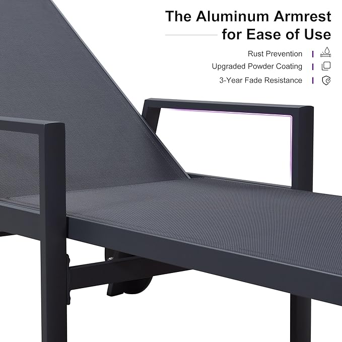PURPLE LEAF Outdoor Chaise Lounge Set for 2 Aluminum Patio Chaise Lounger Chair with Armrest Adjustable Pool Chaise Lounge Chair for Beach Yard Poolside Table Included, Dark Grey