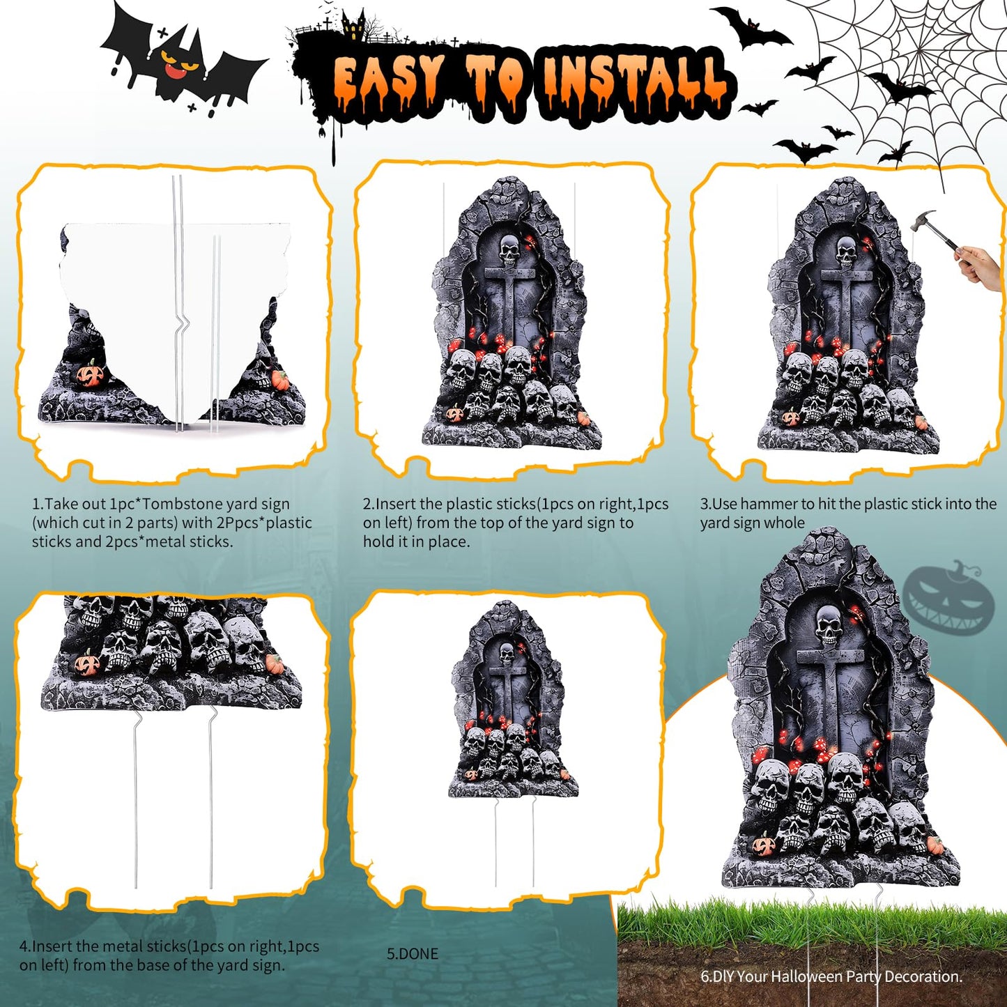 BEAUTLOHAS. 25 Inch Halloween Graveyard Tombstones Plastic Board, 5 PCS Halloween Headstones Decorations RIP for Yard Sign Lawn Garden Outdoor Decor
