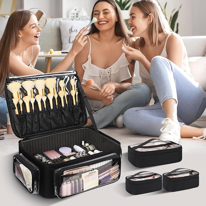 Large Makeup Case Cosmetic Organizer Box Brush Holder, Travel Makeup Train Case with 3 Clear Bags, Professional Makeup Artist Bag Cosmetic Case with Adjustable Dividers and Shoulder Strap