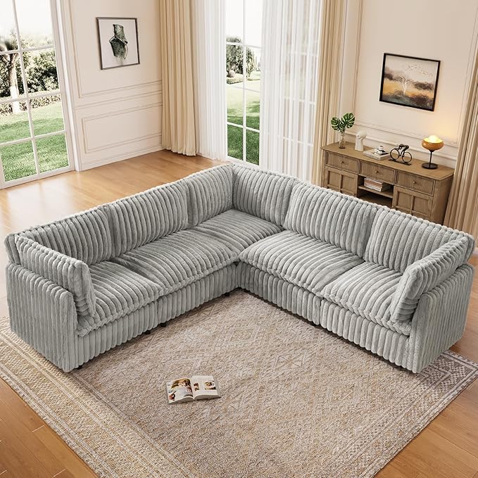 KKL Sectional Modular Couch for Living Room, V Shaped Corduroy Couches with Corner Seat, 5 Seater Oversized Sofa Convertible to Sleeper, Soft Fabric Modern Sofa, Grey