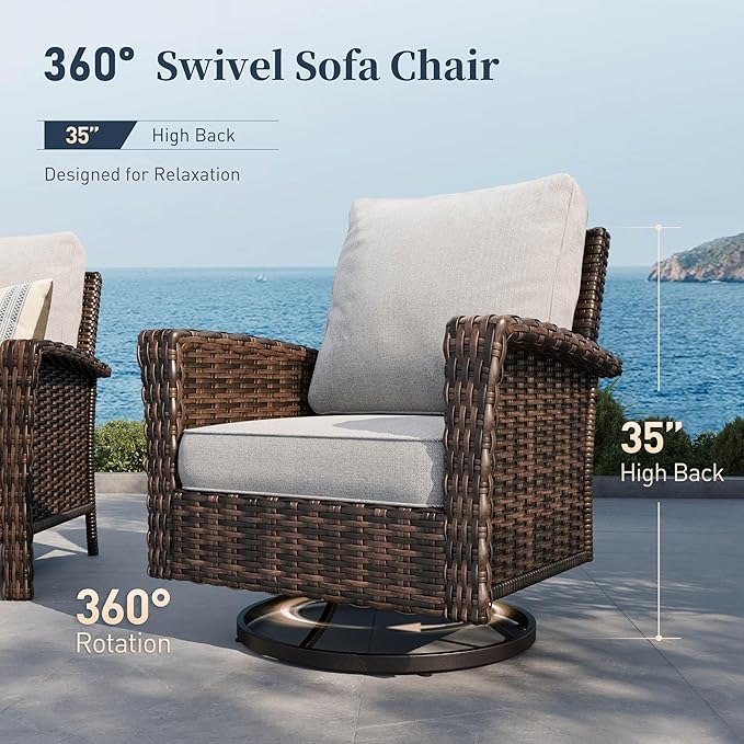 SUNSHINE VALLEY Patio Wicker Swivel Chairs Set of 2, Outdoor High Back Chairs with 5.5" Waterproof Cushions, Outdoor Furniture Set for Deck Porch and Yard, Peacock Blue