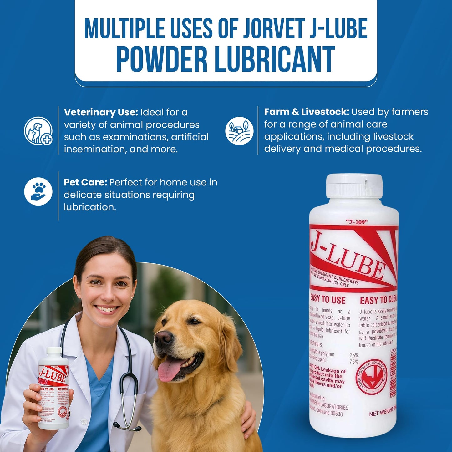 JorVet J-Lube Powder Lubricant | Easy-Mix Formula, Non-Irritating & Mess-Free | 10oz Bottle Makes 6-8 Gallons | Trusted for Veterinary & Obstetrical Use | Safe, Smooth & Easy to Clean | Red White