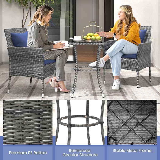 KOTEK 3 Pieces Patio Furniture Set, PE Rattan Outdoor Conversation Set with Tempered Glass Table & Soft Cushions, Wicker Bistro Set for Garden, Porch, Balcony (Navy)