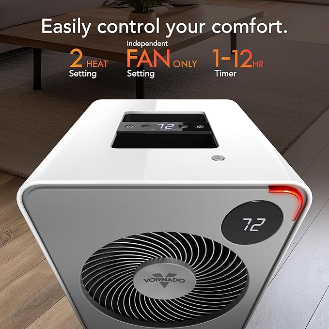 Vornado VMHi500 Whole Room Metal Space Heater, Digital Thermostat, Remote Control, Auto-Climate Control, 12-Hour Timer, Vortex Heat Circulation, Heater for Bedroom, Home, and Living Room, White