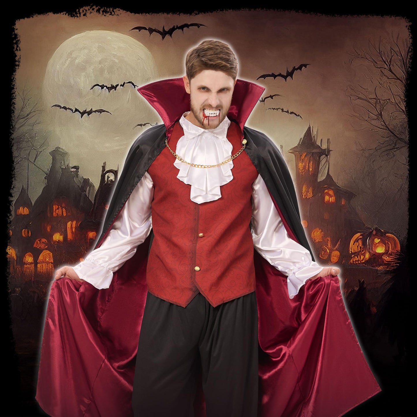 Joyful Start Vampire Costume Men Adult, Mens Vampire Costume with Vampire Cape and Vampire Teeth, Halloween Costumes Men Adult Dress Up XL