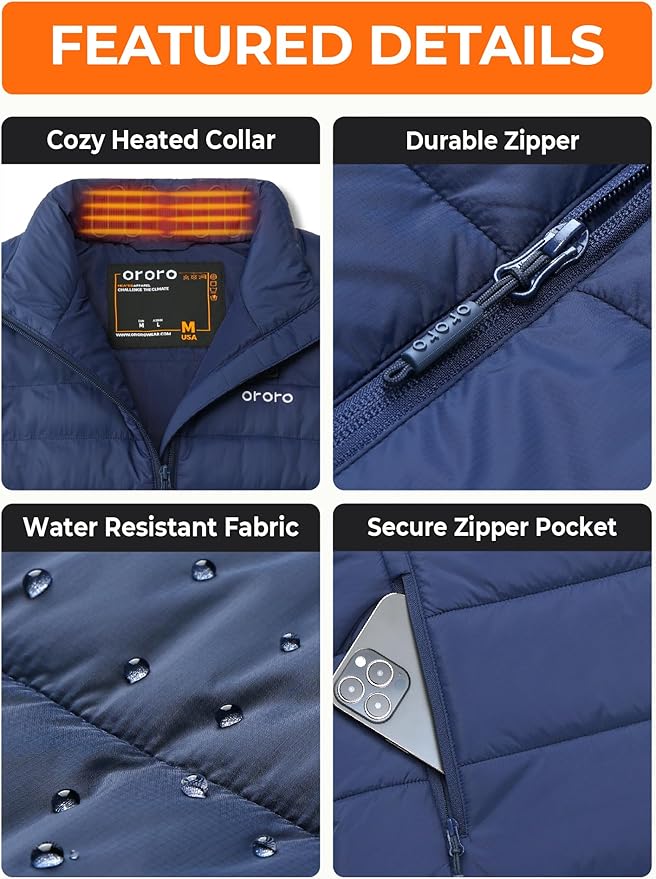 ORORO Men's Lightweight Heated Vest with USB-C Rechargeable Battery, Puffer Classic Heating Vest
