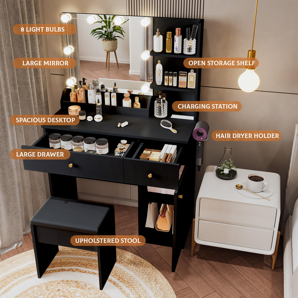 Yegosh Vanity Desk 35.4 Inch Makeup Vanity Table with Mirror and Lights Drawers & Cabinet Storage Shelves Cushioned Stool Dressing Table Set Include Charging Station Hair Dryer Stand (Black)