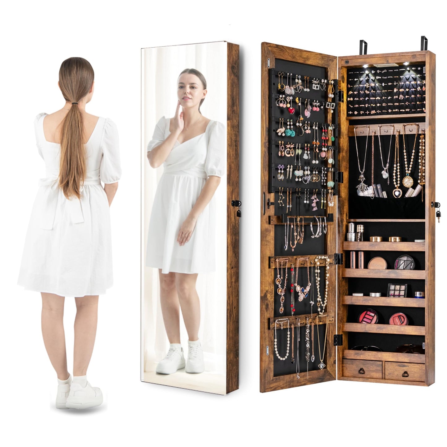 CHEFJOY Jewelry Organizer Cabinet, 47.5-Inch Jewelry Armoire w/Full-Length Mirror, Wall or Door-Mounted Jewelry Storage, Lockable Large Capacity Storage w/ 2 LEDs & 2 Drawers, White (Rustic Brown)