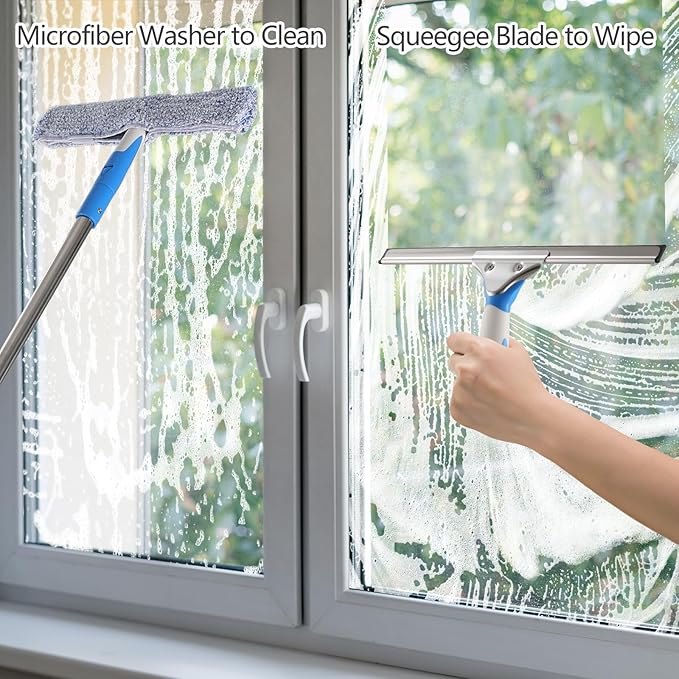 15 Feet High Reach Window Cleaning Kit with Extension Poles, Window Cleaner Tool with 14’’ Silicone Squeegee, Microfiber Scrubber & Cloth, Window Washing Equipment for Indoor/Outdoor Windows