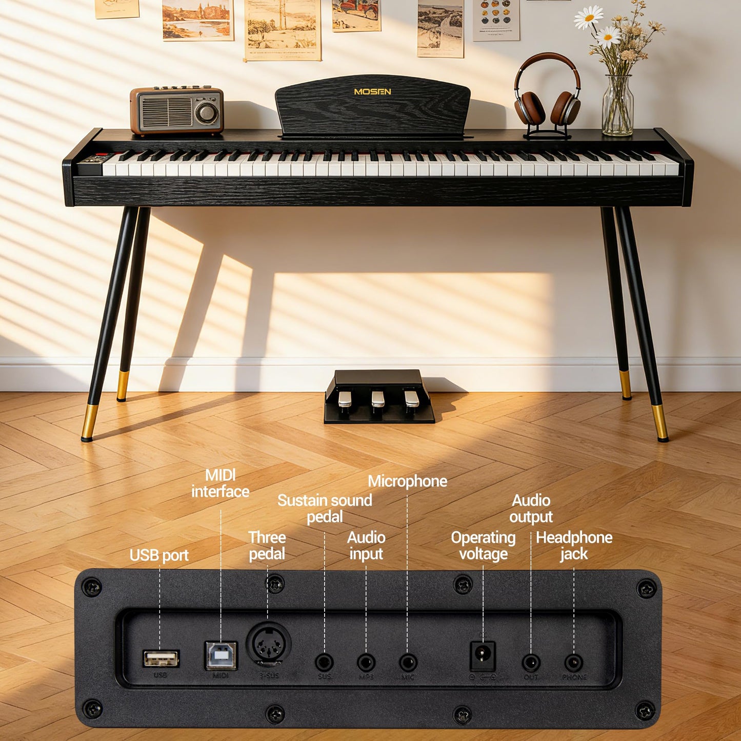 MOSEN Digital Piano 88 Key Weighted Keyboard, Full Size Keyboard Piano, Hammer Action,128 Voices, Recording, 3-Pedal, Music Stand, USB-MIDI MP3 Connecting, Electronic Piano for Beginner, MDP-88, Black