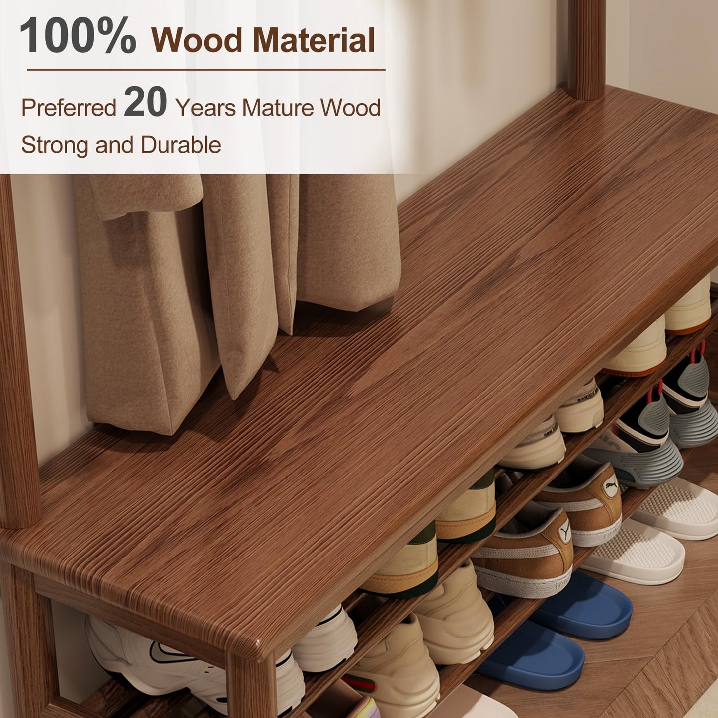 AQIMUELE Coat Rack with Shoe Storage, Wooden Hall Tree with Bench, 11 Hooks and 2-Tier Storage Shelves, 3-in-1, Entryway Bench with Coat Rack (39.3"-Walnut)