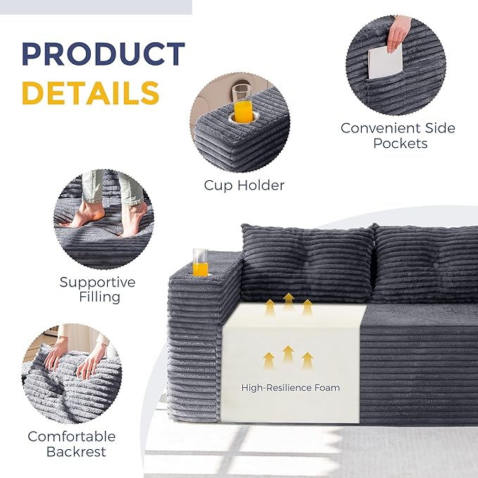 MAXYOYO 63" Boneless Loveseat Sofa Couch for Small Spaces, Mini Love Seat Floor Couch with Cup Holders and Pillows, 2-Seater Upholstered Cloud Couch for Bedroom Apartment, No Assembly Required