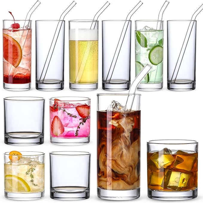 [ 12 Pack ] Glass Cups with Glass Straws, 12oz Highball & Rock Drinking Glasses, Everyday Drinkware Glasses Set, Cute Tumb...