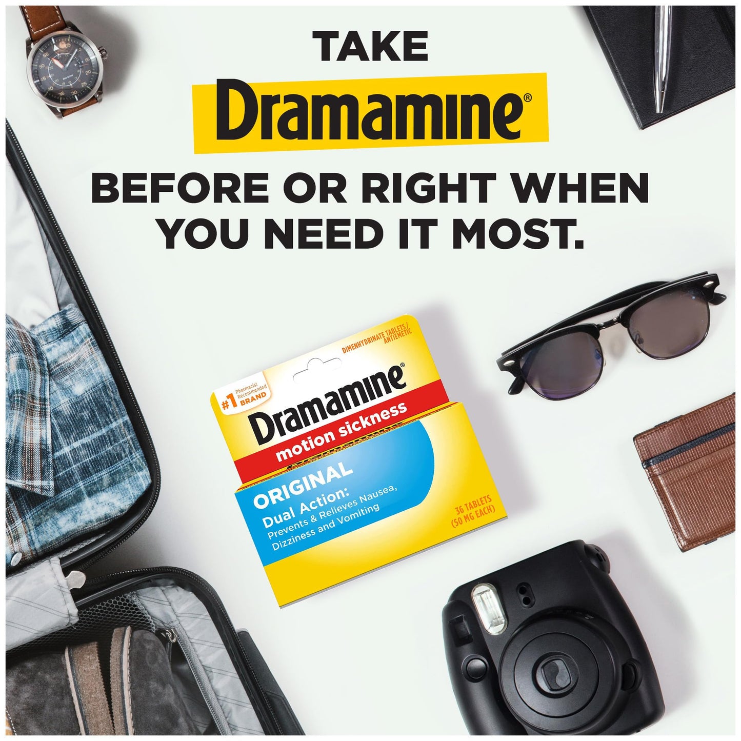 Dramamine Original, Motion Sickness Relief, 36 Count & Non-Drowsy, Motion Sickness Relief, Made with Natural Ginger, 18 Count, 2 Pack
