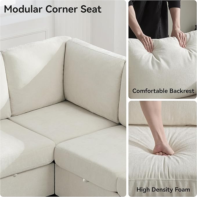 104'' V Shaped Modular Sofa, Sectional Couch with Storage for Living Room, Modern 7 Seater Cloud Sectional Couch with Movable Ottoman, Chenille Beige