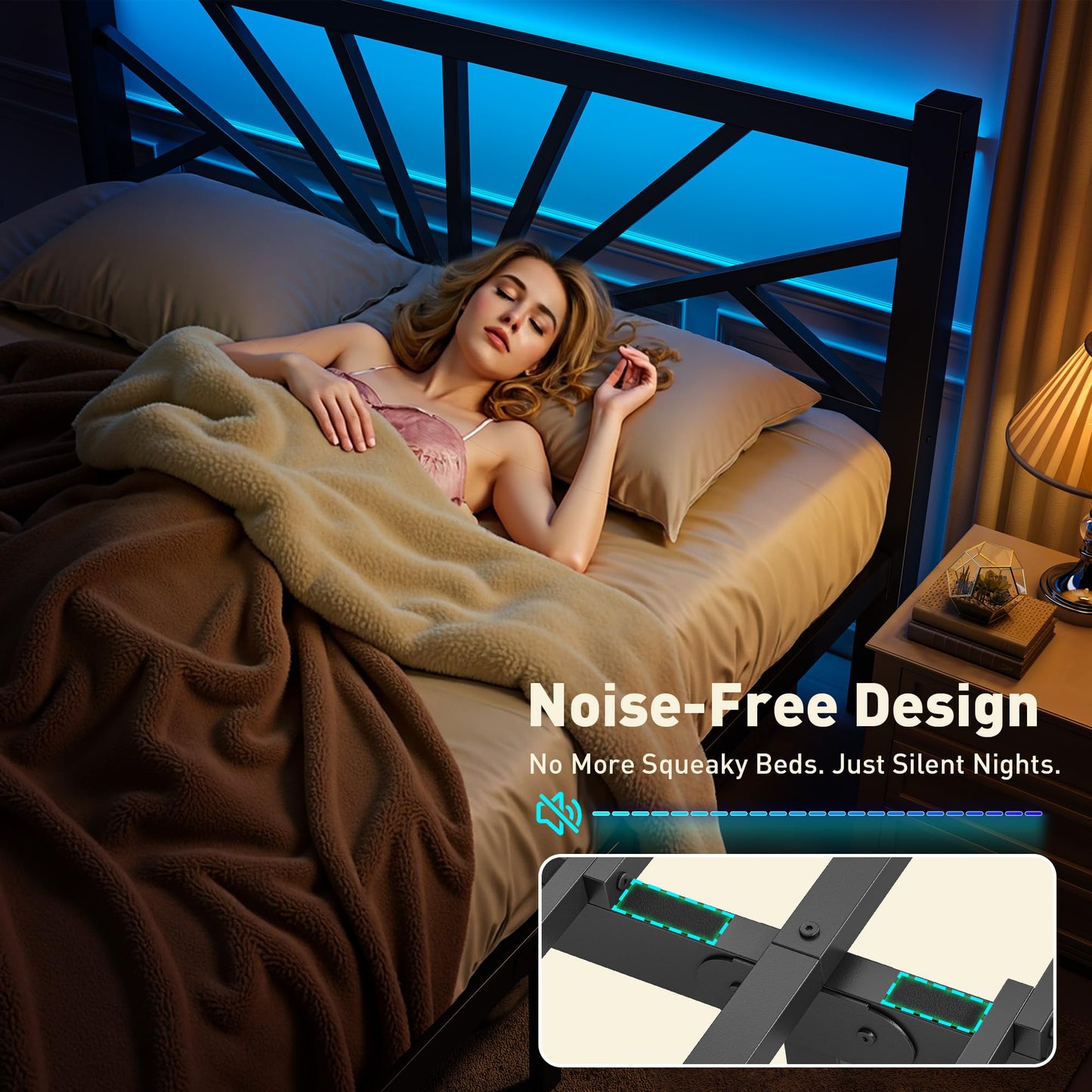 Metal Bed Frame Queen Size with LED Lights,Queen Bed Frame with Headboard,Heavy Duty Sturdy Mattress Foundation with Storage Space,Strong Metal Slats Support,Noise Free,No Box Spring Needed,Black