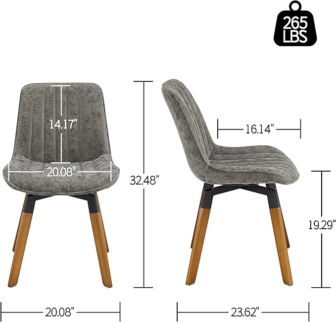 Art Leon Swivel Dining Chairs Set of 2, Mid Century Modern Kitchen Dining Room Chairs, Upholstered Faux Leather Armless Side Chair with Wood Legs for Living Room Bedroom, Gray