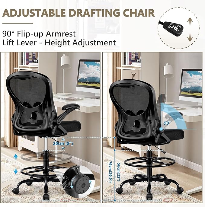Winrise Drafting Chair, Tall Office Chair Ergonomic Standing Desk Chair, Lumbar Support Computer Chair Swivel Task Rolling Chair with Adjustable Flip-up Armrests Black Pack of 6