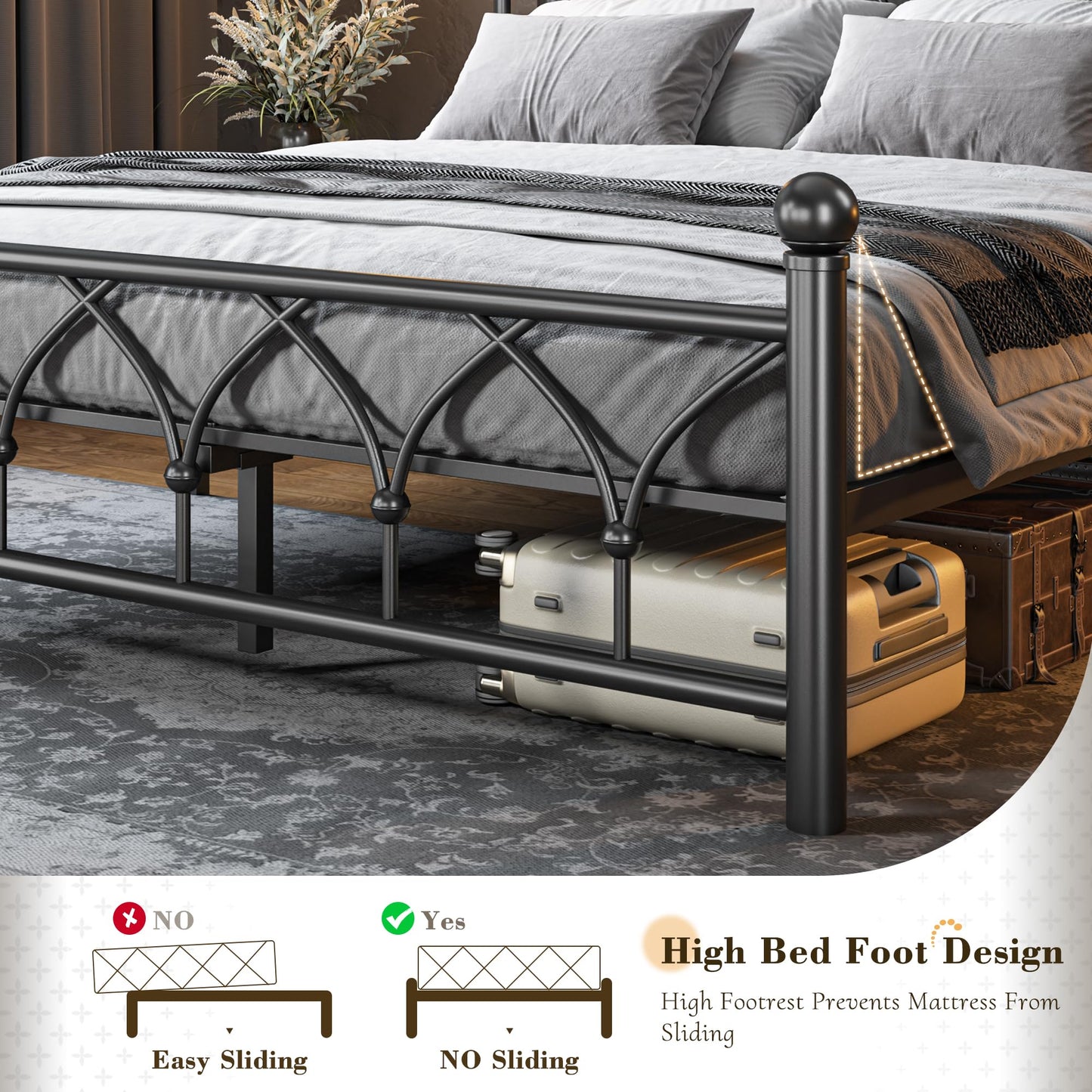EnHomee Queen Bed Frame with Headboard, Metal Bed Frame Queen Size with LED Lights and Power Outlets, Heavy Duty Steel Slats Support with Storage, Sturdy & Noise-Free, No Box Spring Needed, Black