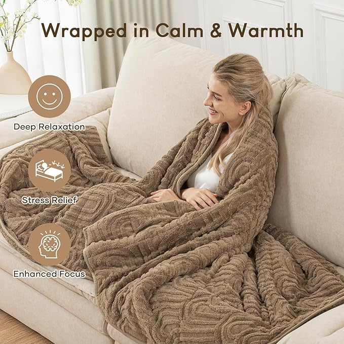 Cottonblue Jacquard Weighted Blanket for Adults 20 lbs Queen Size, Cozy Fluffy Sherpa Fleece Weighted Throw Blankets 60" x 80" for Sleep Relax, Fuzzy Warm Arch Heavy Blanket Soft for Bed Couch, Khaki