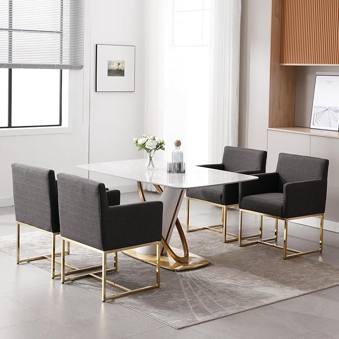 BESTANO Upholstered Dining Chairs with Armrest Set of 2 Mid Century Modern Accent Chairs Armchairs with Gold Metal Frame, Modern Kitchen & Dining Room Chairs, Charcoal