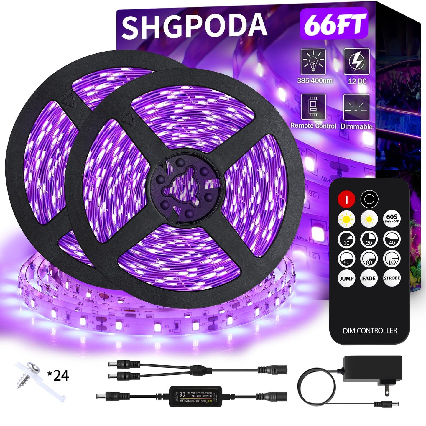 SHGPODA 66 Foot Black Light Strip & Remote, 1200LEDs, Dimmable 12V Flexible Black Lights for Glow Party, Bedroom, Halloween, Fluorescent Tapestry Poster, 3 Lighting Modes, Non-Waterproof