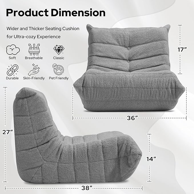 HABUTWAY Bean Bag Chairs Fireside Lazy Floor Sofa, Soft Teddy Fleece Bean Bag Sofa with High-Resilience Foam Filling，Beanbag for Living Room, Bedroom, Office(Light Gray Teddy)