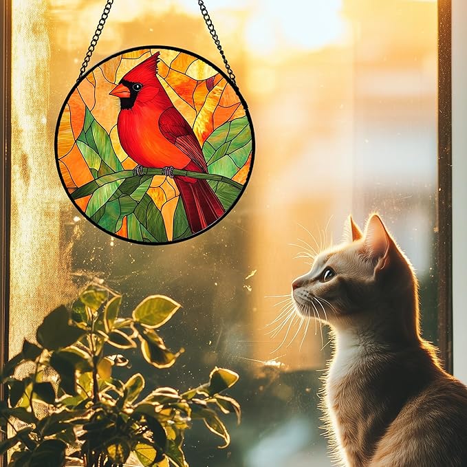 Stained Glass Window Hanging 4 Pcs Set Birds 7.8" - Cardinal Blue Jay Suncatcher Door Garden Sun Catcher Decor Birthday Christmas for Bird Lovers Mom Woman Nana Men