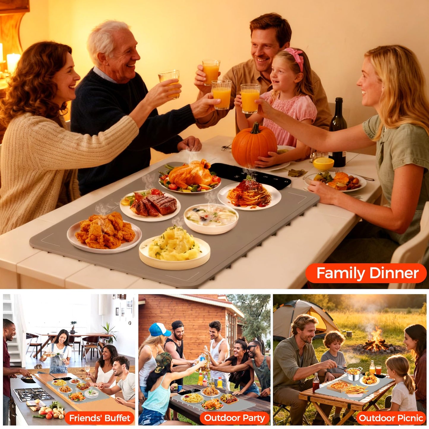 Warming Mat for Food | Dishwasher Friendly,Full-Surface Food Warmer with 6-Mode Adjustable and Timer,Roll-Up & Portable Silicone Food Heating Pad with Child Lock,Electric Warming Tray for Buffet Party