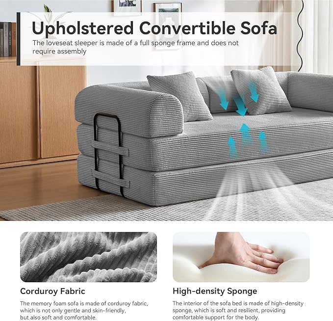 ZQRhome 79" 5-in-1 Convertible Sofa Bed, Deluxe Sleeper with Pillows & Sturdy Base, Easy Setup Corduroy Couch for Modern Living Space & Small Apartment, Light Gray