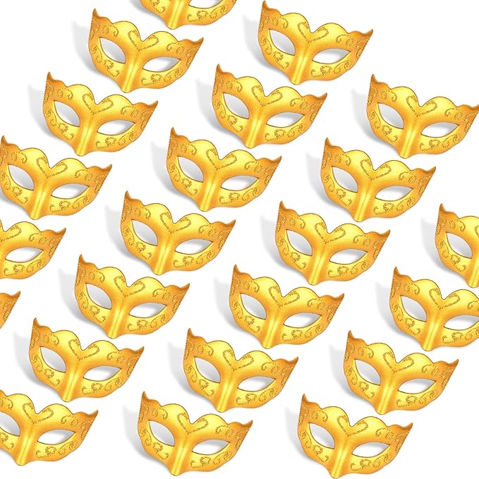 24 Pcs Mini Masks Masquerade Small Masquerade Mask Cake Toppers Decorative Mardi Gras Venetian Party Decoration(Gold)