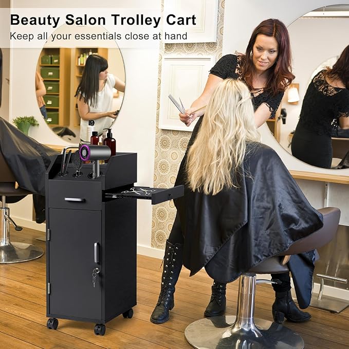 Winado Hair Salon Storage Cart with Wheels & 3 Hair Dryer Holders & 4 Drawers & Lock & 2 Keys, Hairdressing Tools Station Mobile Makeup Case, SPA Utility Trolley (Black)