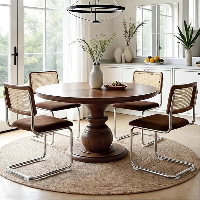 Zesthouse Rattan Dining Chairs Set of 4, Mid Century Modern Dining Room Chairs with Natural Cane Mesh & Chrome Base, Brown Cesca Chair Chenille Fabric, Farmhouse Kitchen Chair with Solid Wood Back