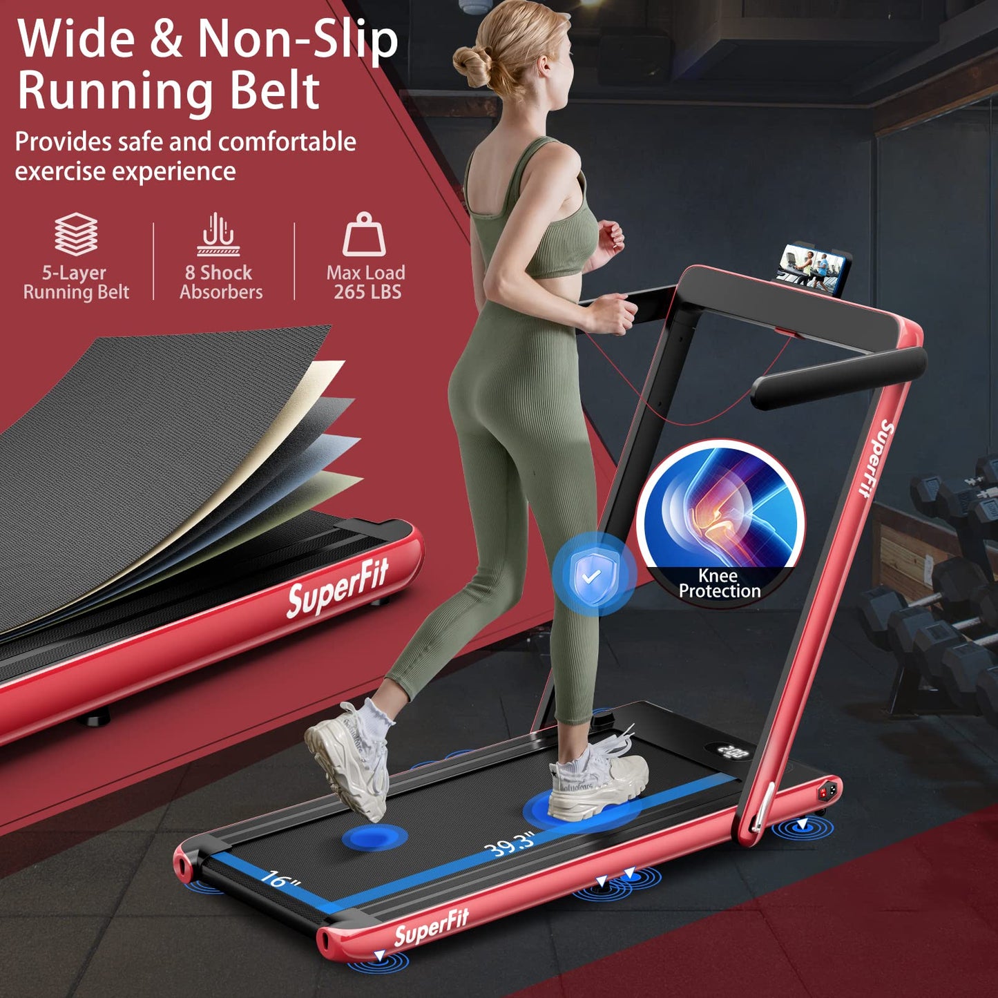 Goplus 2 in 1 Under Desk Treadmill, 2.5HP Superfit Folding Treadmills for Home Office w/Smart APP, Remote Control, LED Display, Bluetooth Speaker, Foldable Walking Jogging Machine (Red)