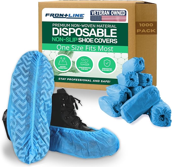 Frontline Shoe Covers Disposable Non-Slip 100 Pack, Premium Non-Woven Durable Booties Shoes Covers – Water Resistant Thick Anti-Slip - One Size Fits Most by Frontline (Blue 1000 Pack)