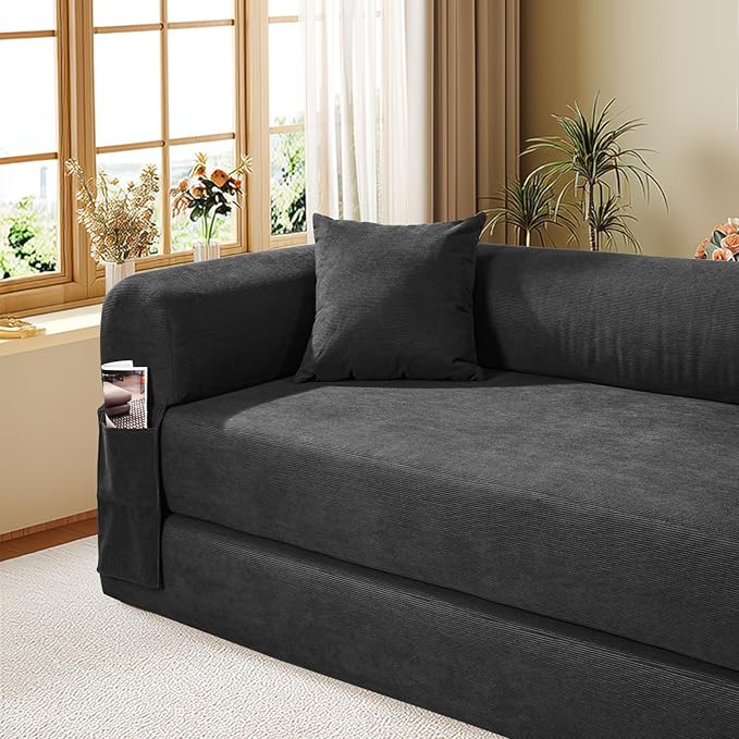 GJQ Convertible Futon Sofa Bed,80" Folding Pull Out Couch Bed with Pillows & Storage,Queen Sleeper Sofa Bed,Compressed Couch in a Box,Corduroy Boneless Couches for Living Room,Deep Gray