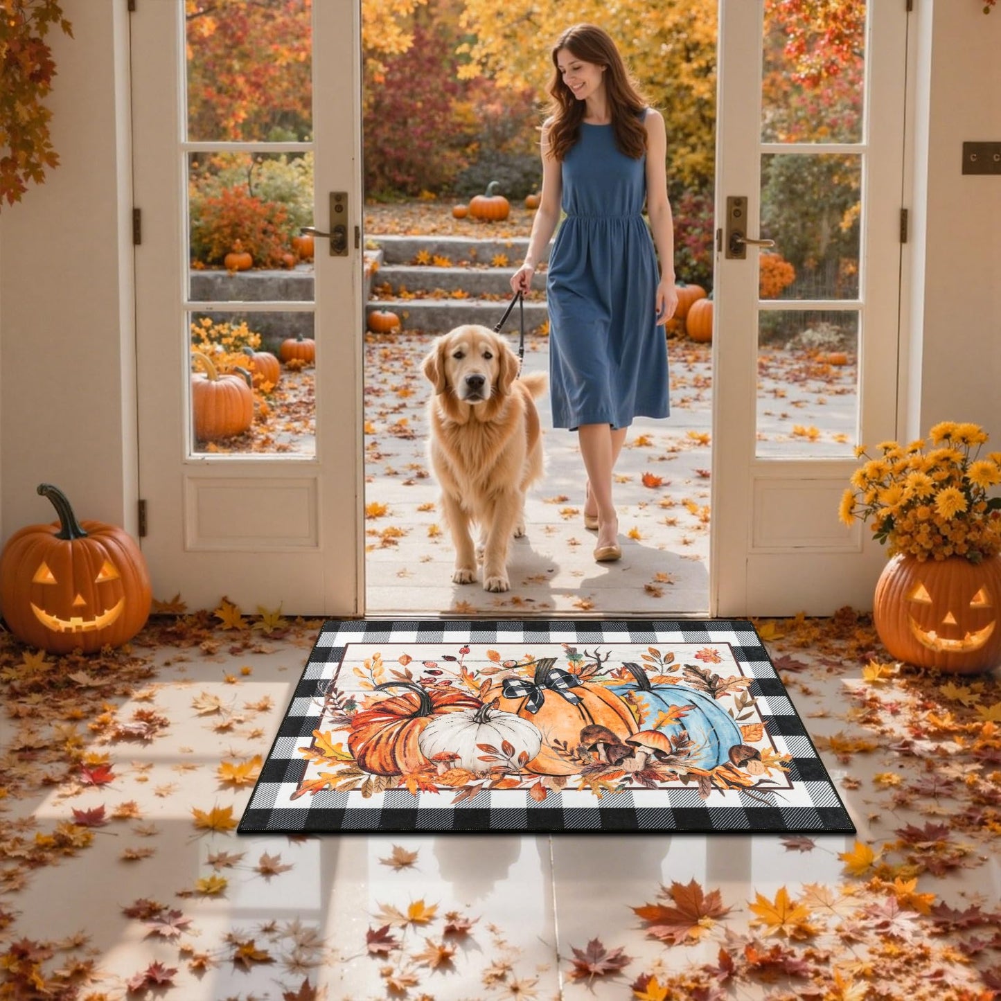 SHACOS Fall Orange and Blue Pumpkin Rugs 32x48 Buffalo Plaid Leaves Autumn Harvest Front Door Mat Non-Slip Entrance Floor Mat Thanksgiving Day Decorations for Home, 2'8" x 4'