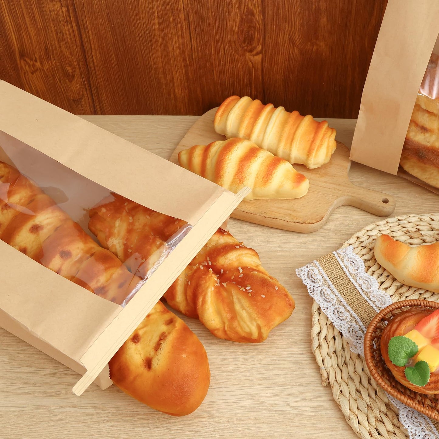 Moretoes 120 Pack Large Paper Bread Bags for Homemade Baked Goods, 13.7x8.3x3.5 Inches, Sourdough Bread Bags with Tin Tie Tab and Clear Front Window, Includes 144 Label Seal Stickers (Brown)