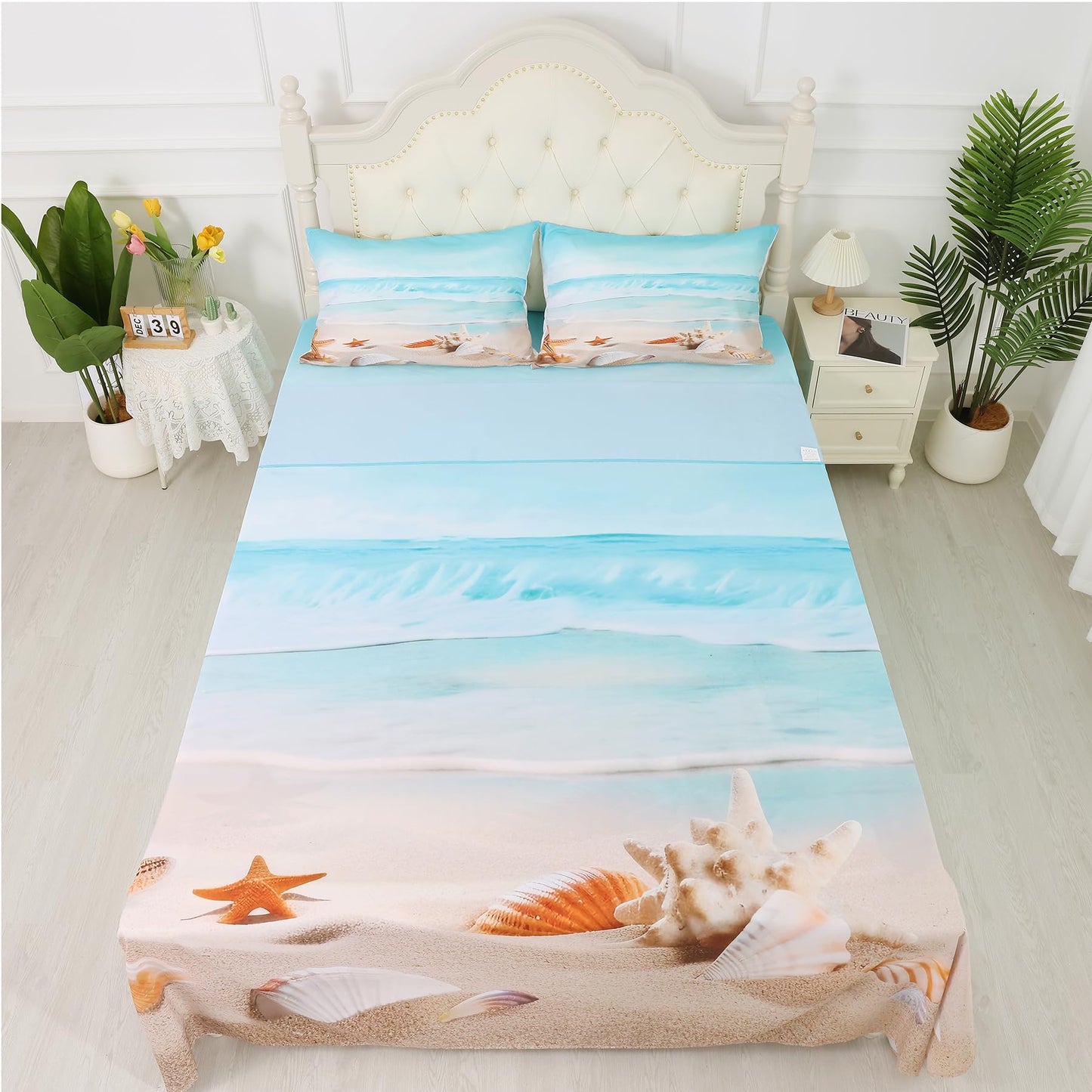 Beach Bed Sheets Set Full Beach Fitted Sheet Blue Coastal Nature Theme Pattern Teal Flat Sheet Girls Women Hawaiian Top Sheet Starfish Sheet Set,1 Flat Sheet 1 Fitted Sheet 2 Pillowcases