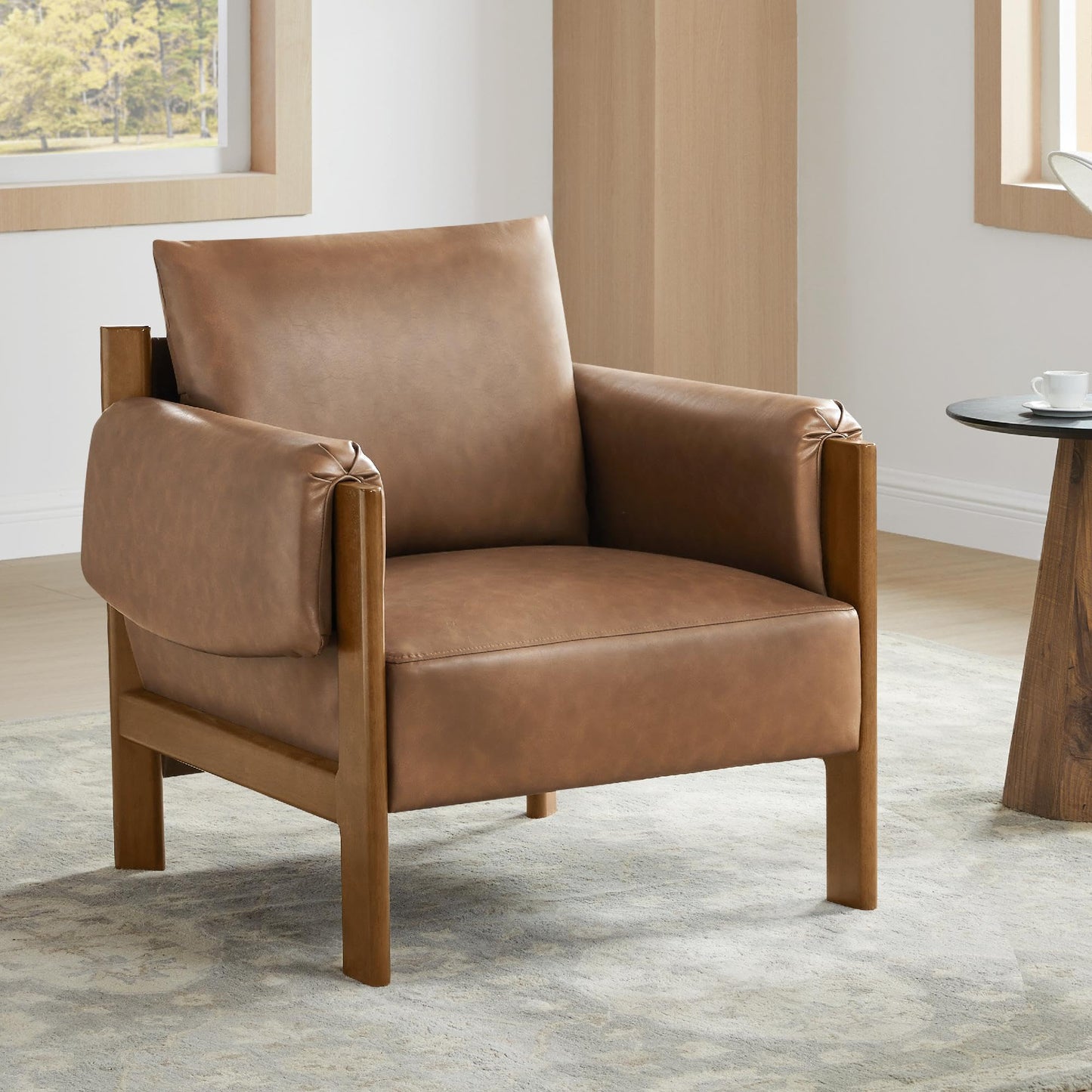 CHITA Accent Chair, Mid Century Modern Upholstery Armchair for Living Room, Solid Wood Frame, Faux Leather in Saddle Brown