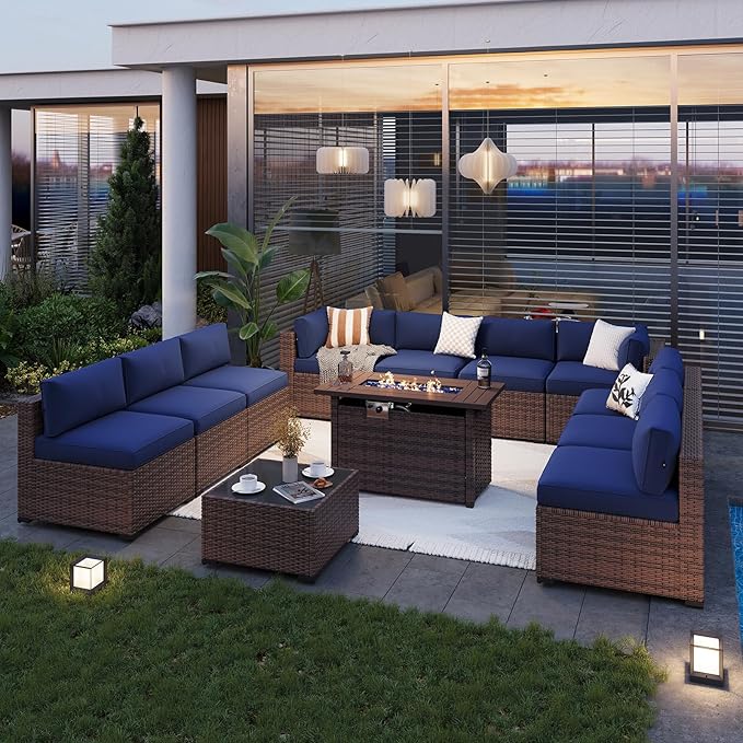 Aoxun Patio Furniture Sets, 12-Piece Outdoor Patio Furniture with 44'' Propane Gas Firepit Table, Wicker Outdoor Conversation Set Sectional Sofa for Backyard, Poolside, Garden