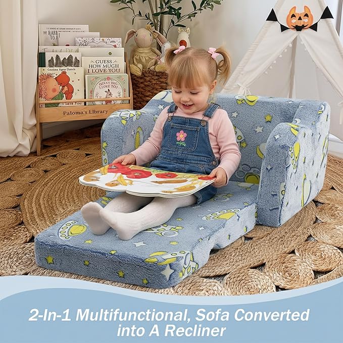 MeMoreCool Toddler Folding Sofa Chair – Denim Rocket Glow-in-The-Dark Plush Lounger 2-in-1 Couch & Recliner | Machine Washable | Soft Kids Seat for Playroom or Nursery