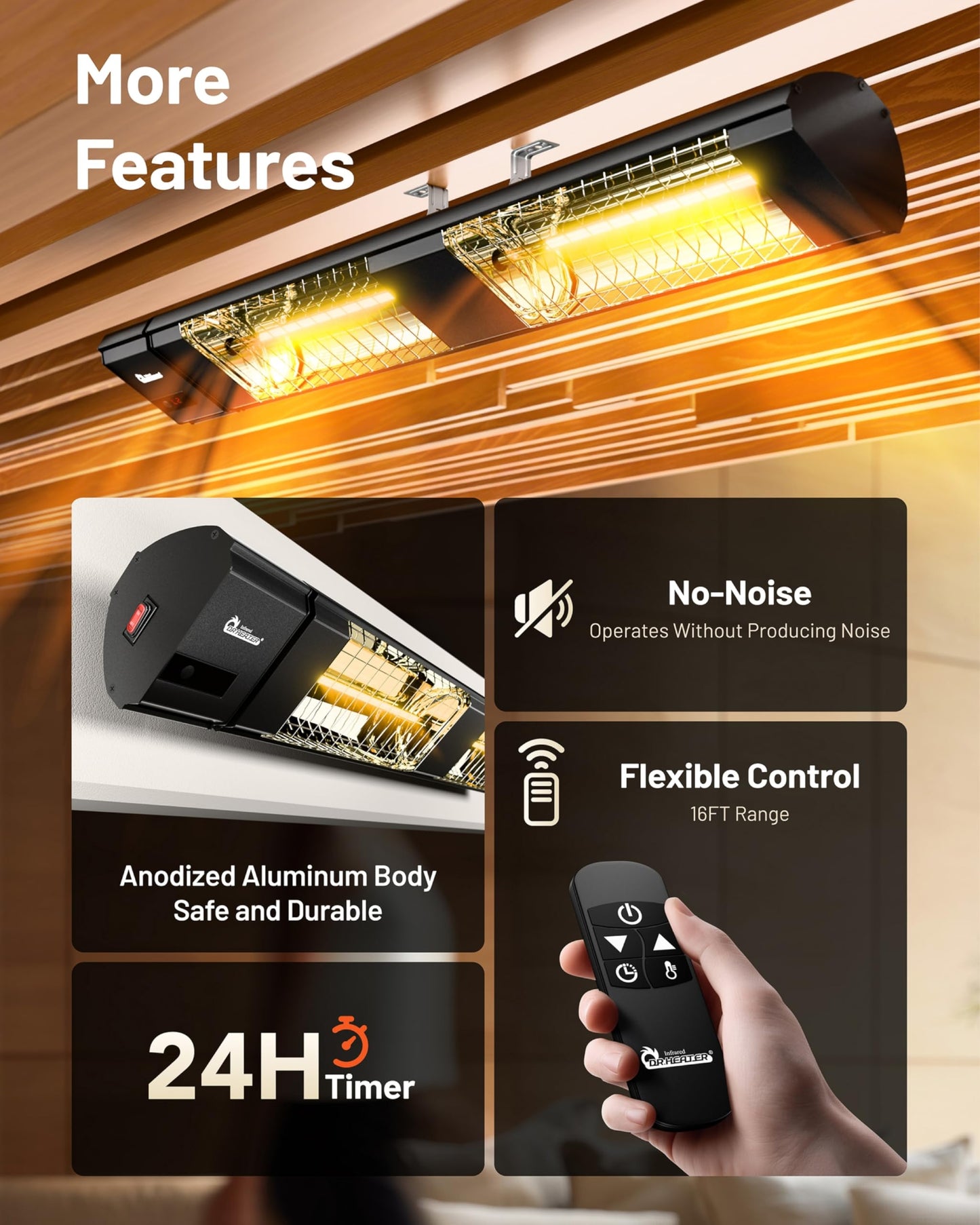 DR. INFRARED HEATER DR-239 3000W Indoor & Outdoor Infrared Patio Heater, Wall or Ceiling Mount, IP55 Weatherproof, Commercial or Residential, 220V-240V Electric Heater with Remote & Mounting Kit