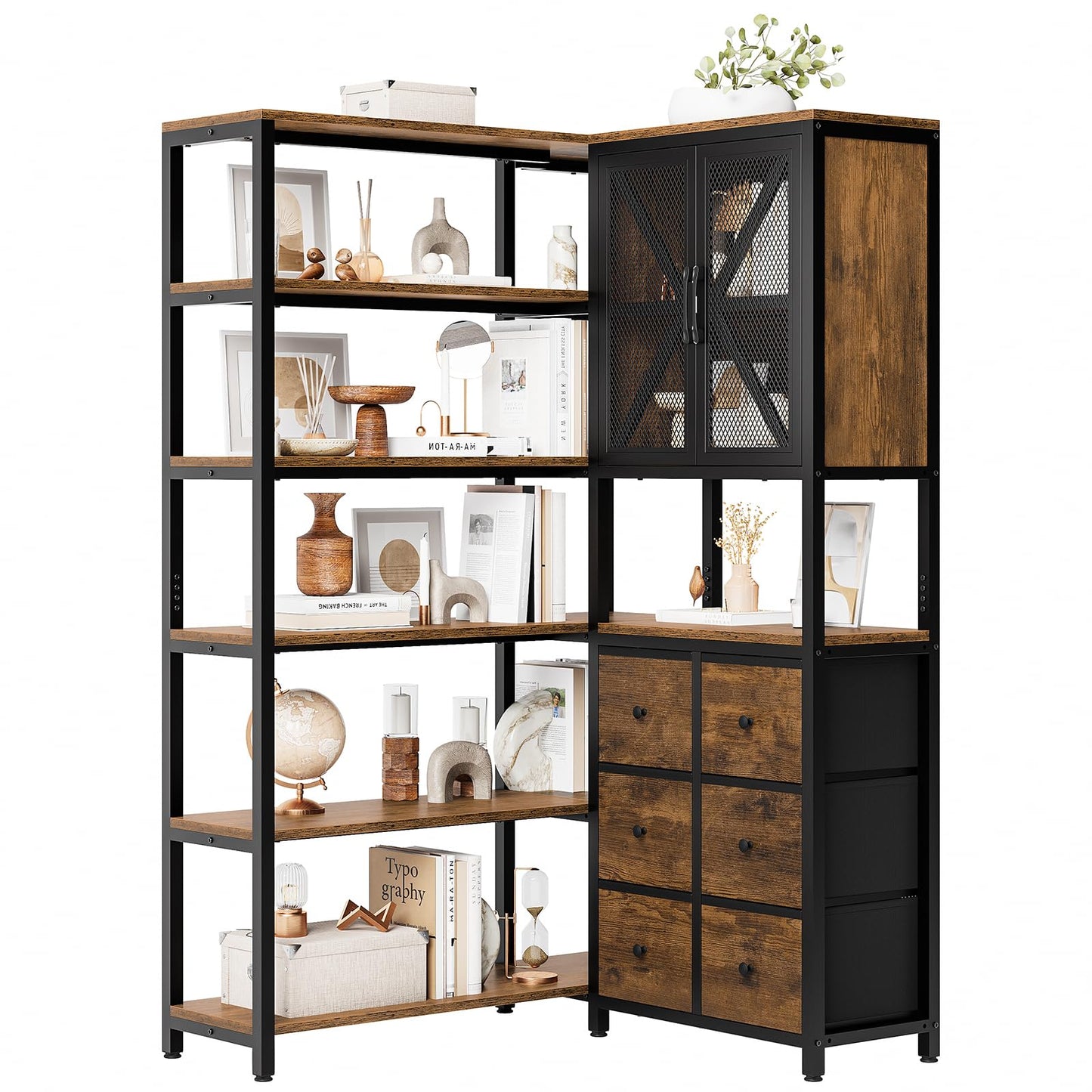 BTHFST Corner Bookshelf 6 Tier, 70.9" Convertible Tall Bookshelf with 6 Fabric Drawers, Corner Bookcase with Metal Doors, Large Display Shelf Book Shelf for Living Room,Home Office, Rustic Brown