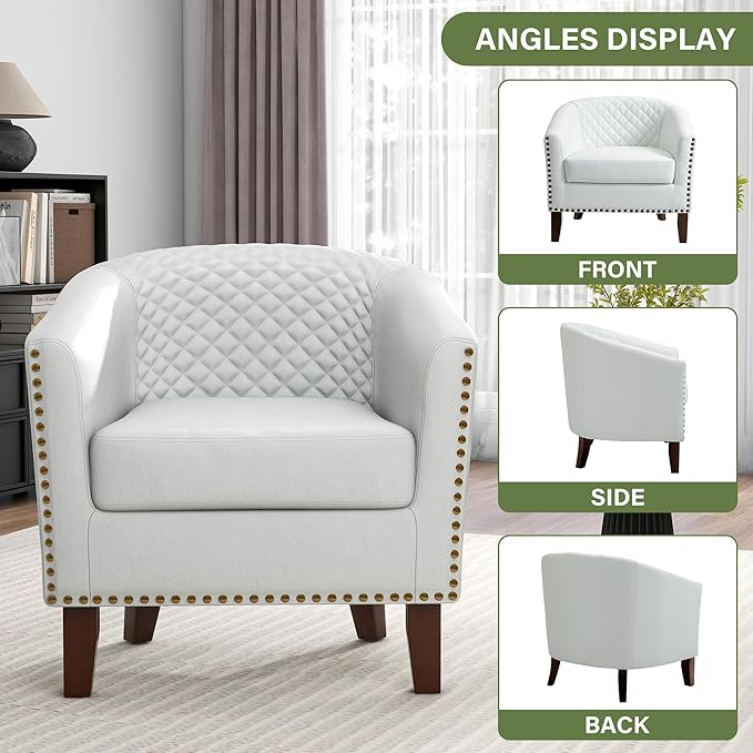 UIXE Faux Leather Barrel Accent Chair Modern Club Arm Chair, Comfy Upholstered Armchair Nailhead Trim Living Room Single Sofa Reading Seat Bedroom Side Sitting for Office Home, White