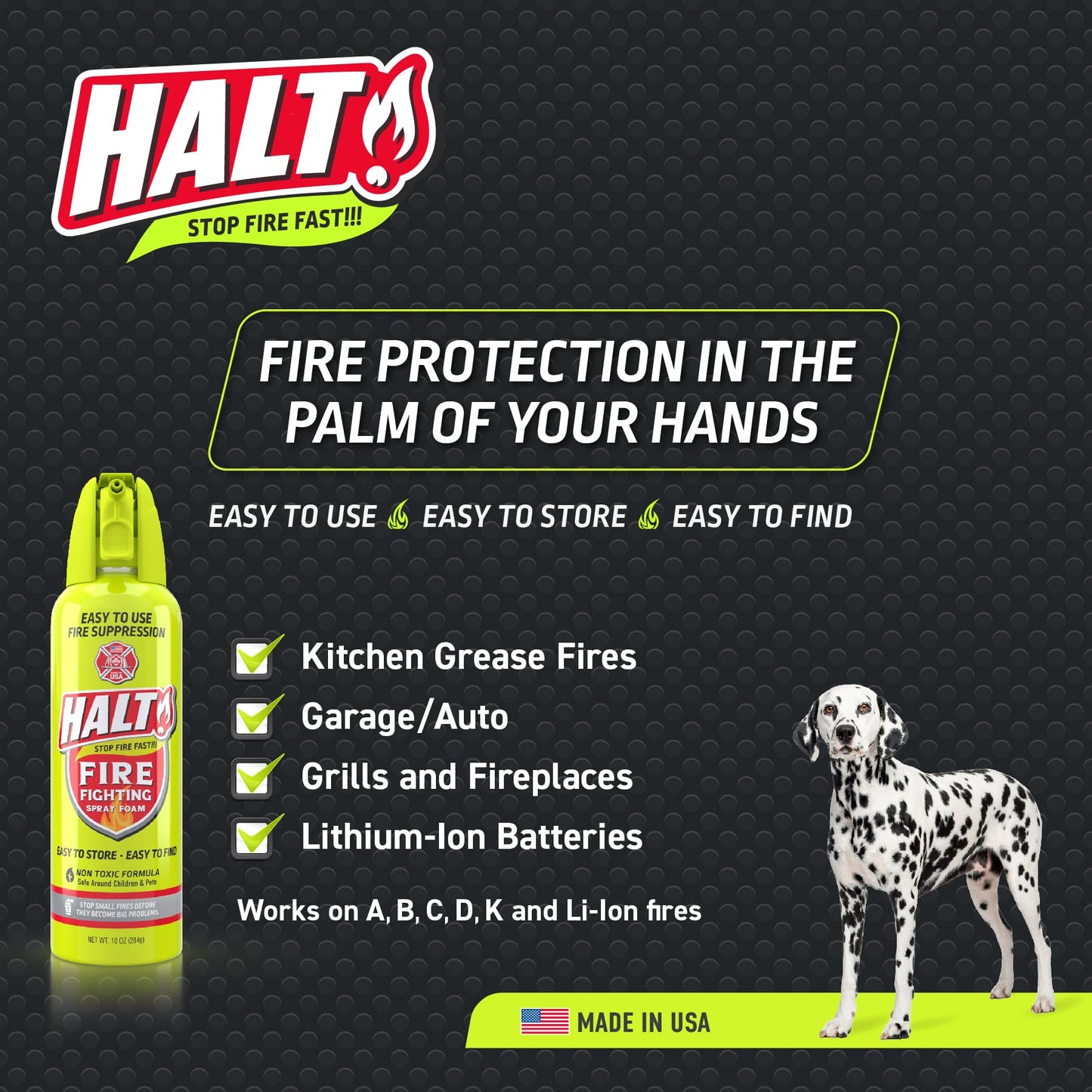 HALT! 10oz Fire Safety Spray – Non-Toxic, PFAS-Free Handheld Fire Suppressor – Easy to Use, Store & Find – Compact & Portable for Home, Kitchen, Car, BBQ, Camping & Tailgate – Made in USA (2pk)