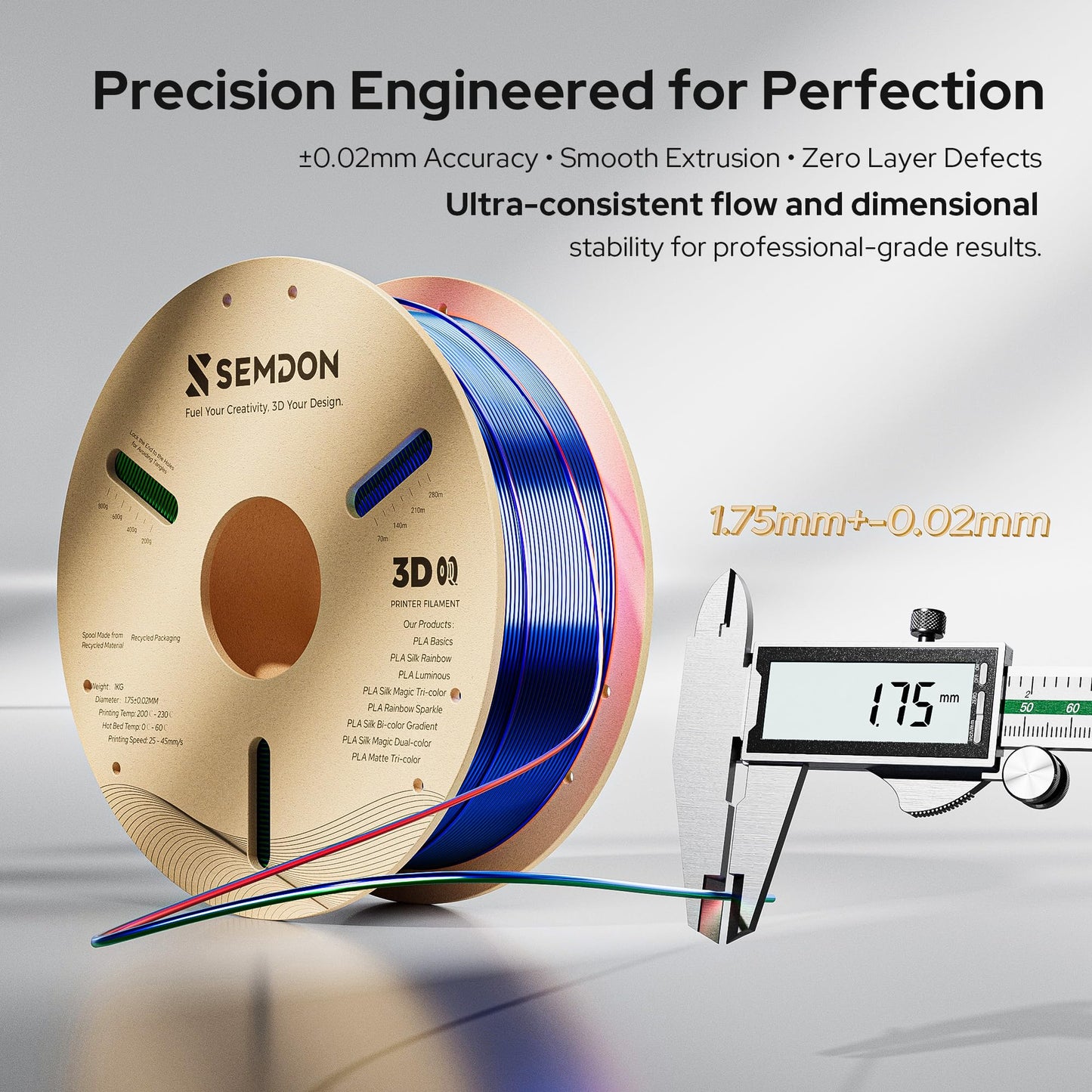 Semdon Pla Silk Tri-Color Gradient Filament 1.75Mm | Tropical Sunset Gradient (Rosered/Yellow/Green), 0.02Mm, Low Warping | Ende