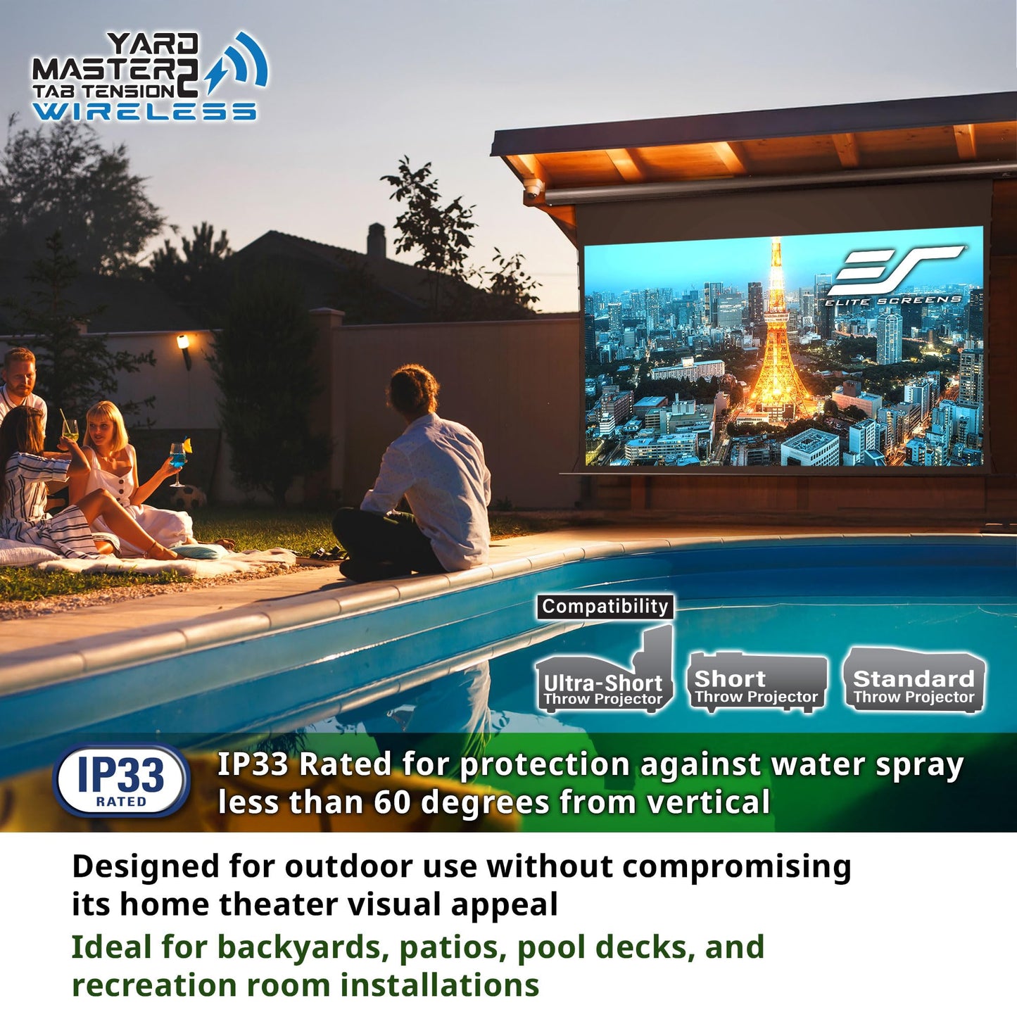 Elite Screens Yard Master 140-INCH Tab-Tension Wireless Outdoor Projector Screen – Built-in Battery, IP33 Rated Water-Resistant Backyard Movies Outdoor Entertainment, OMS140WHT2-ELECT-BAT