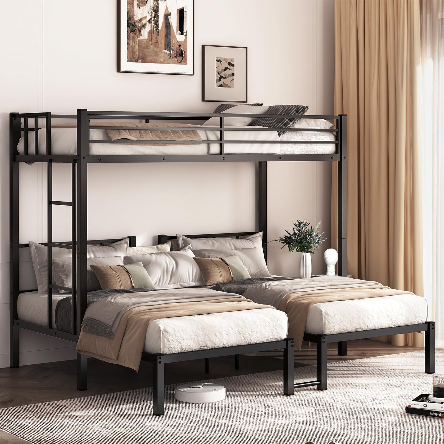 HKOLIE Twin Over Twin & Bunk Beds for 3, Triple Bunk Bed for 3 with Guardrails, Ladder & Upper-Bed Platform, for Children, Teens, Adults, No Box Spring Needed, Black